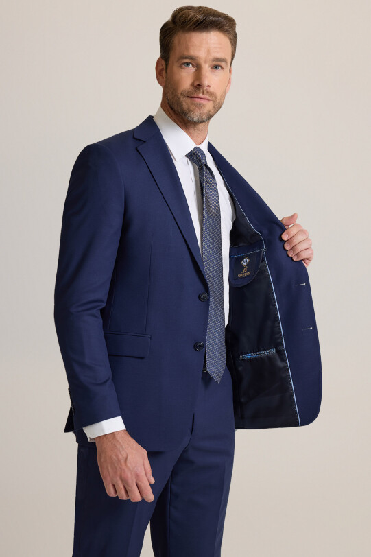 Erkek Lacivert Regular Fit Mono Yaka Yünlü Takım Elbise