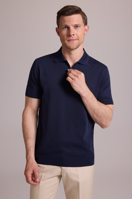 Erkek Lacivert Regular Fit Polo Yaka Fermuarlı Triko Tişört