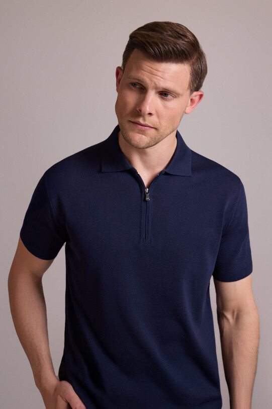 Erkek Lacivert Regular Fit Polo Yaka Fermuarlı Triko Tişört