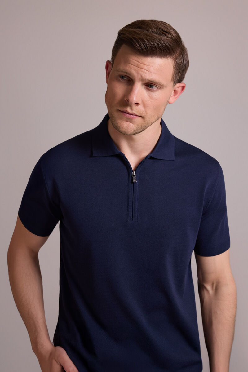 Erkek Lacivert Regular Fit Polo Yaka Fermuarlı Triko Tişört - 2