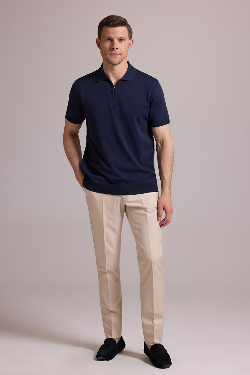 Erkek Lacivert Regular Fit Polo Yaka Fermuarlı Triko Tişört - 3