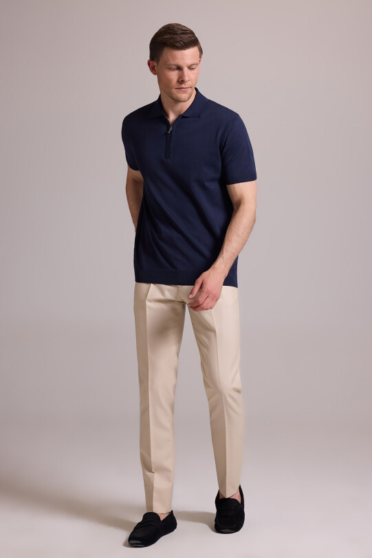 Erkek Lacivert Regular Fit Polo Yaka Fermuarlı Triko Tişört