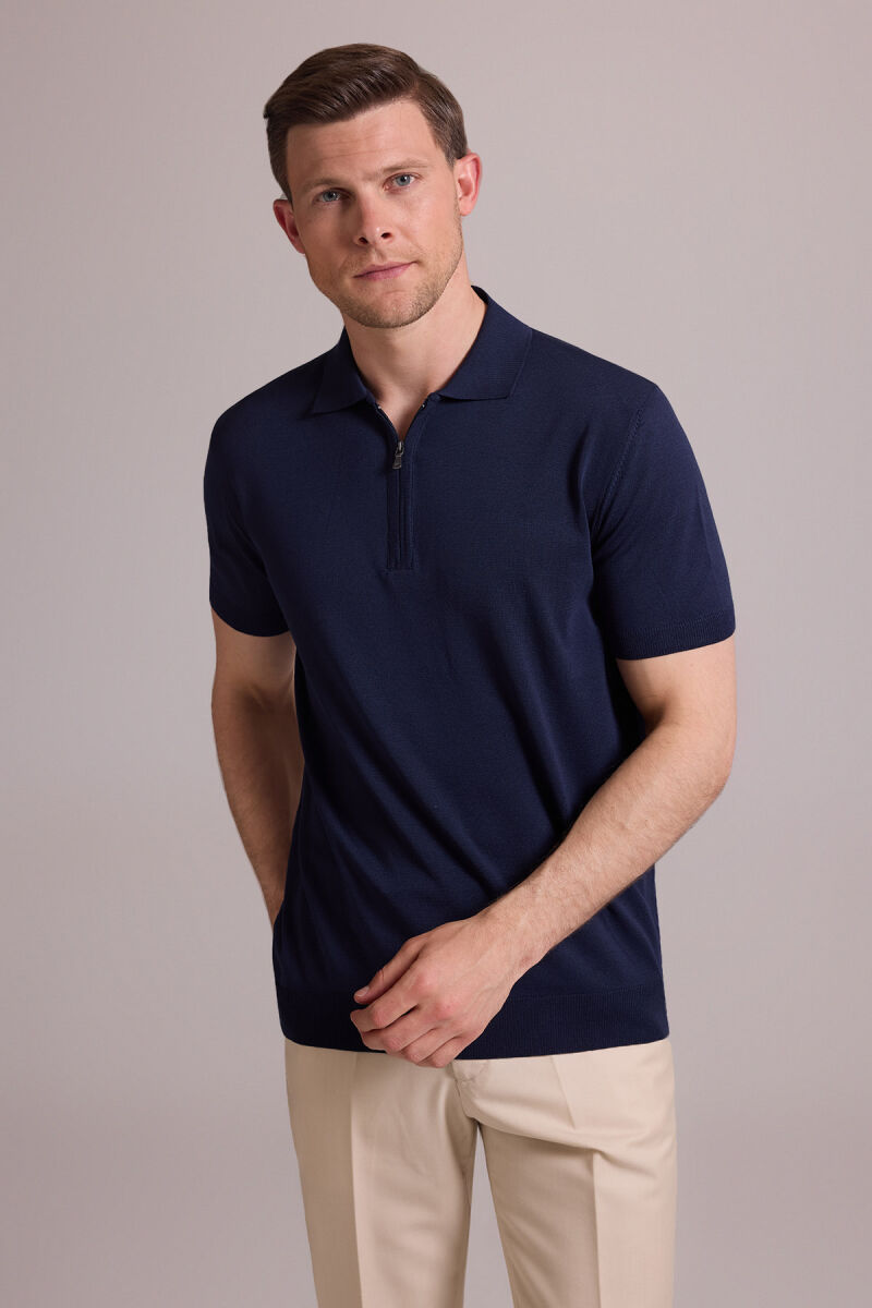 Erkek Lacivert Regular Fit Polo Yaka Fermuarlı Triko Tişört - 5