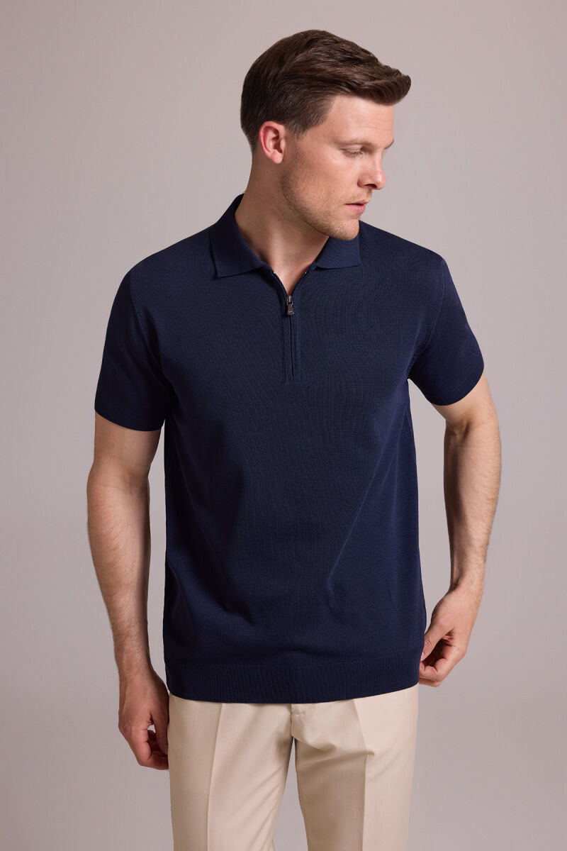 Erkek Lacivert Regular Fit Polo Yaka Fermuarlı Triko Tişört - 7