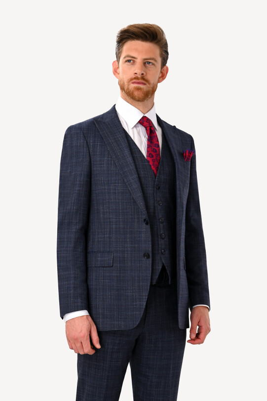Erkek Lacivert Regular Fit Sivri Yaka Yelekli Takım Elbise