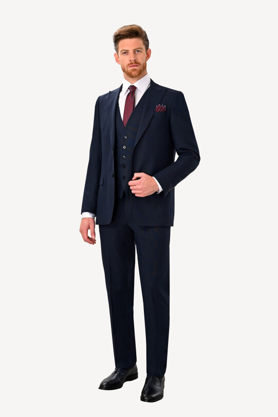 Erkek Lacivert Regular Fit Sivri Yaka Yelekli Takım Elbise