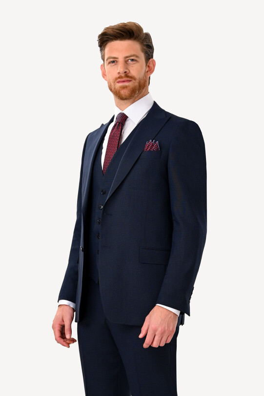 Erkek Lacivert Regular Fit Sivri Yaka Yelekli Takım Elbise