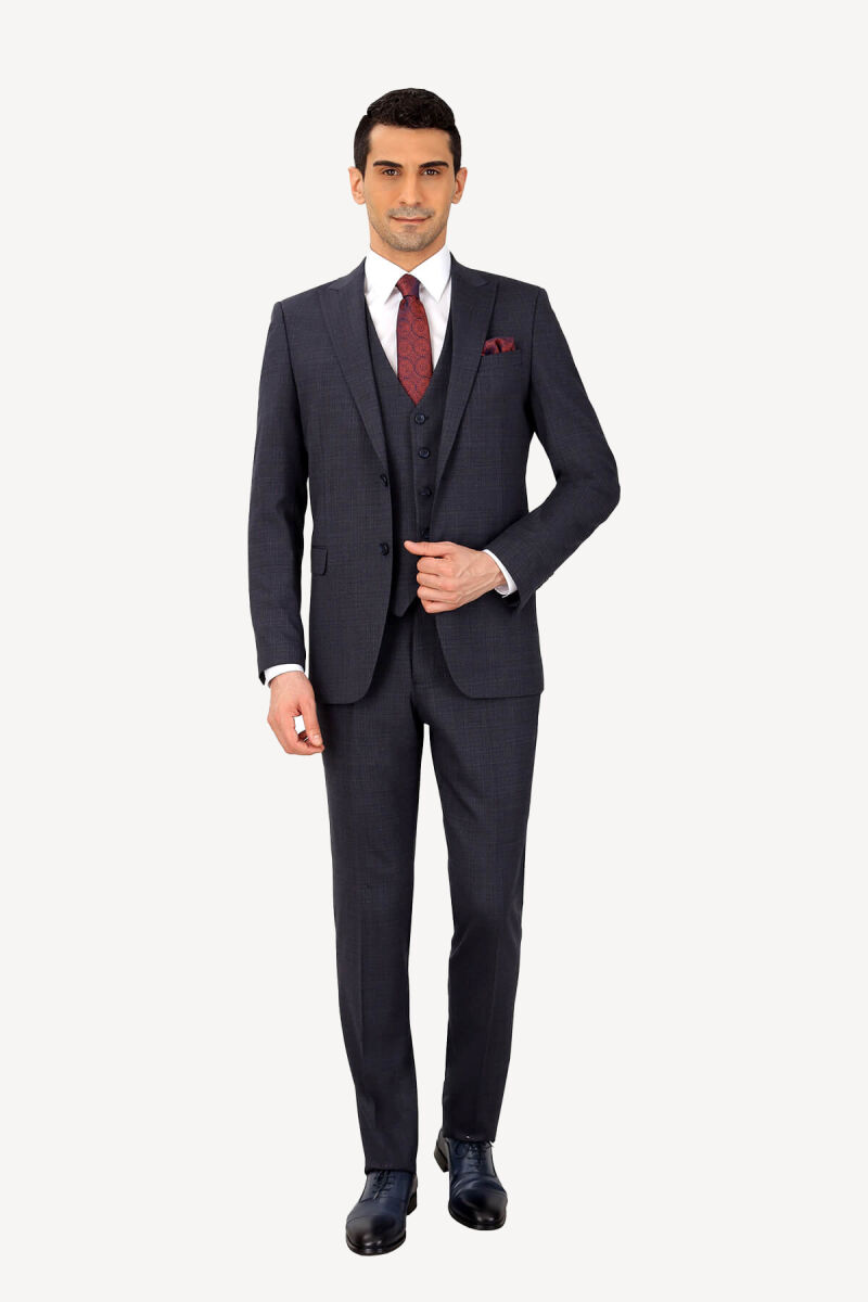 Erkek Lacivert Regular Fit Sivri Yaka Yelekli Takım Elbise - 1