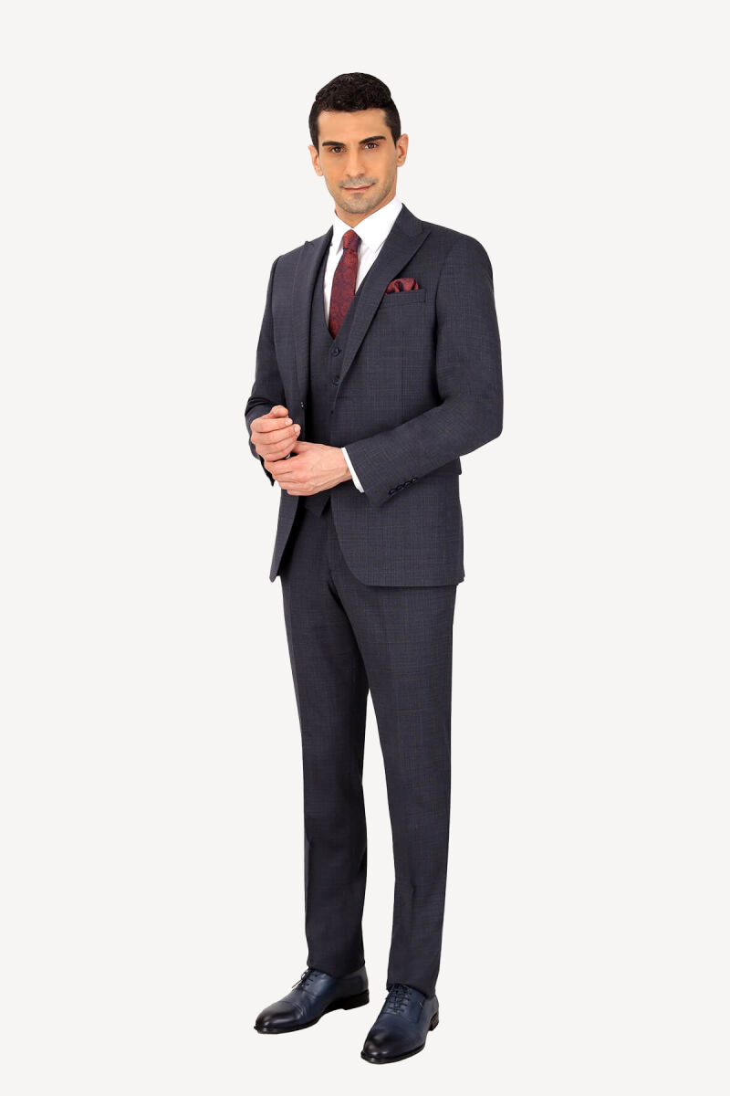 Erkek Lacivert Regular Fit Sivri Yaka Yelekli Takım Elbise - 3