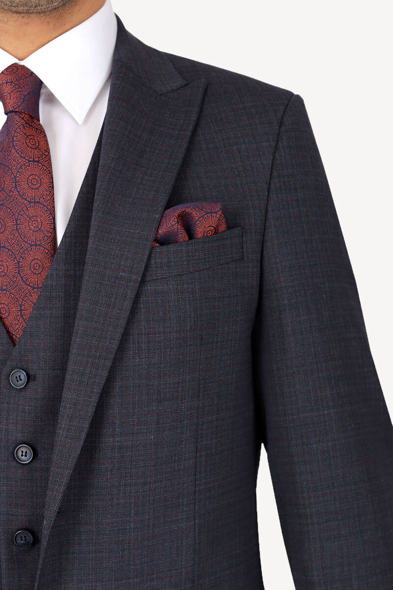 Erkek Lacivert Regular Fit Sivri Yaka Yelekli Takım Elbise - 4