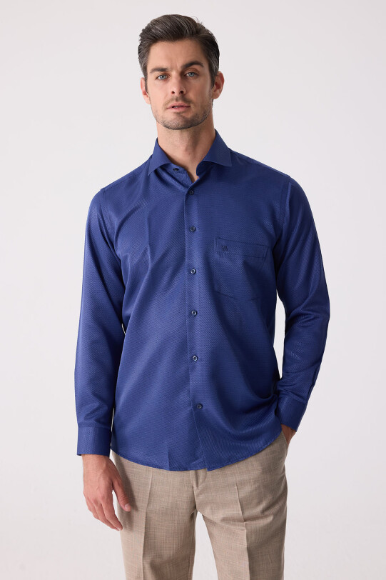 Erkek Lacivert Regular Fit Uzun Kol Pamuk Gömlek