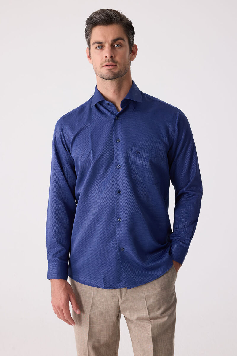 Erkek Lacivert Regular Fit Uzun Kol Pamuk Gömlek - 1