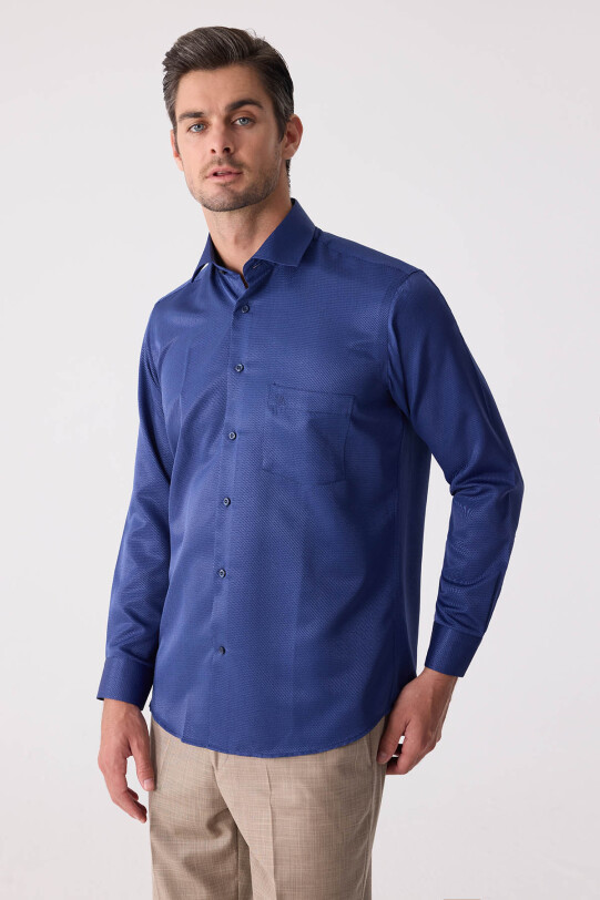 Erkek Lacivert Regular Fit Uzun Kol Pamuk Gömlek