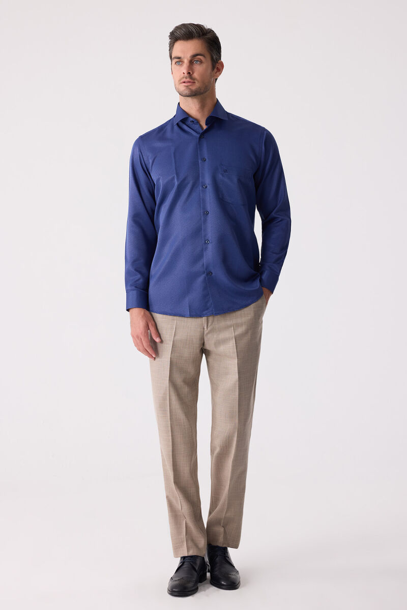 Erkek Lacivert Regular Fit Uzun Kol Pamuk Gömlek - 3