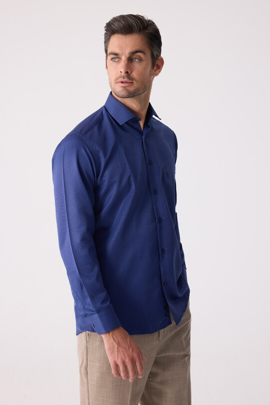 Erkek Lacivert Regular Fit Uzun Kol Pamuk Gömlek
