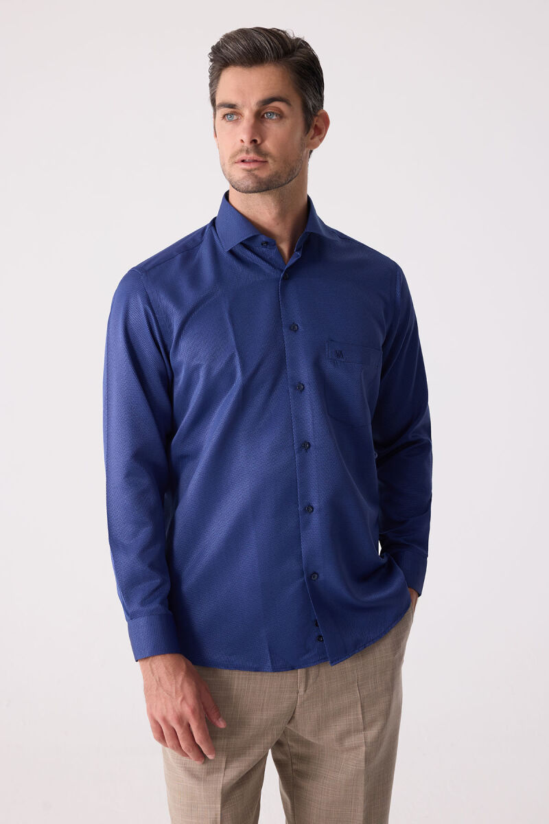 Erkek Lacivert Regular Fit Uzun Kol Pamuk Gömlek - 6