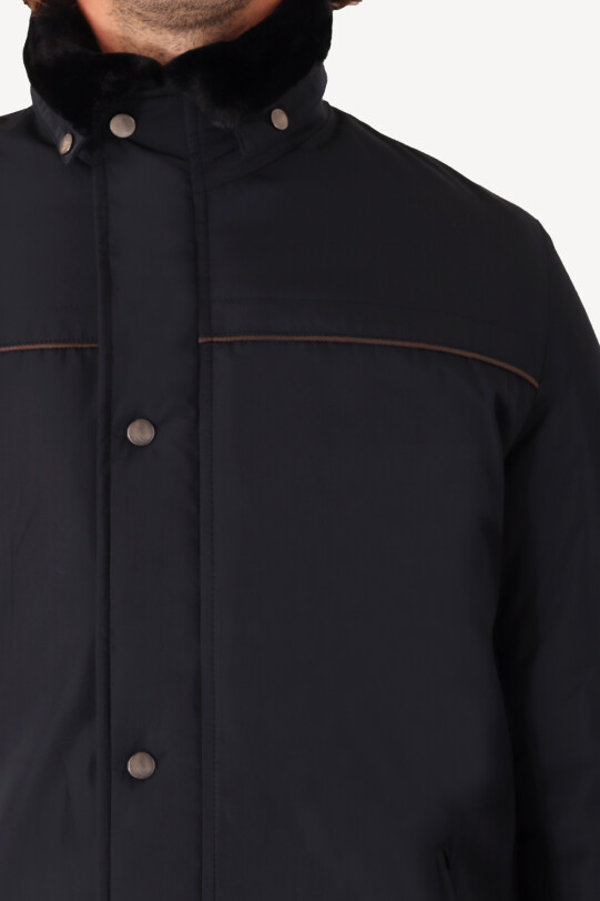 Erkek Lacivert Regular Fit Yakası Kürklü Kaban