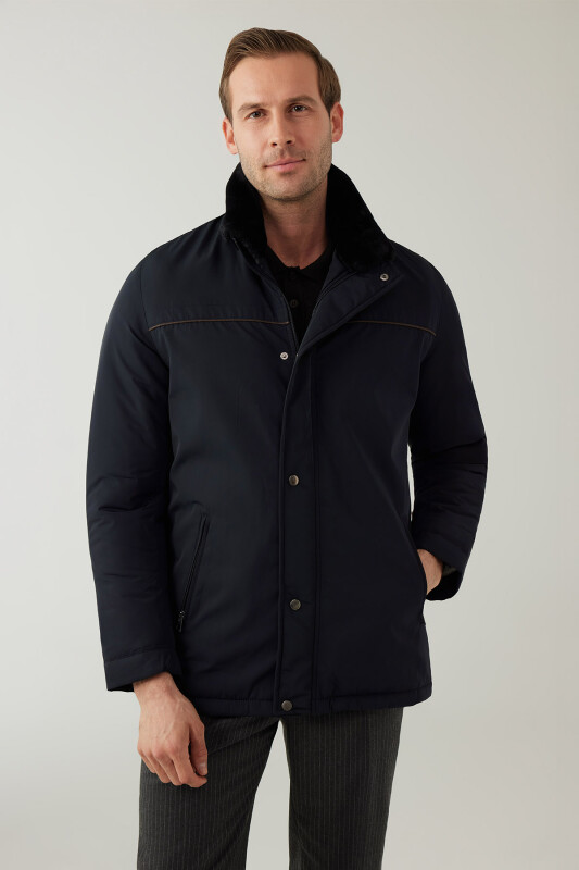 Erkek Lacivert Regular Fit Yakası Kürklü Kaban