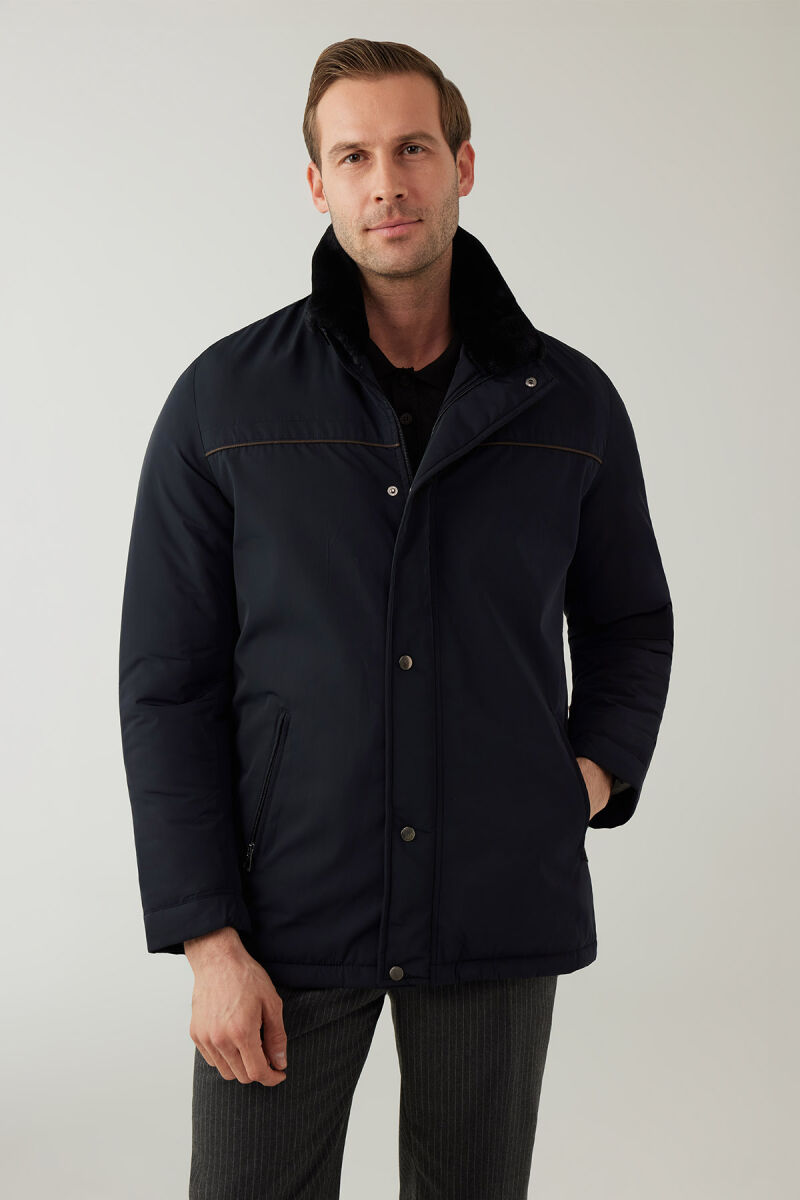 Erkek Lacivert Regular Fit Yakası Kürklü Kaban - 1