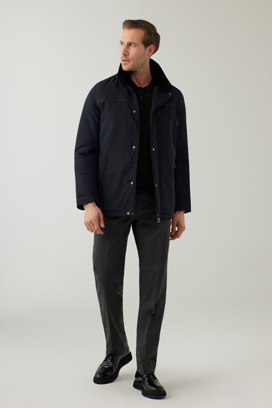 Erkek Lacivert Regular Fit Yakası Kürklü Kaban