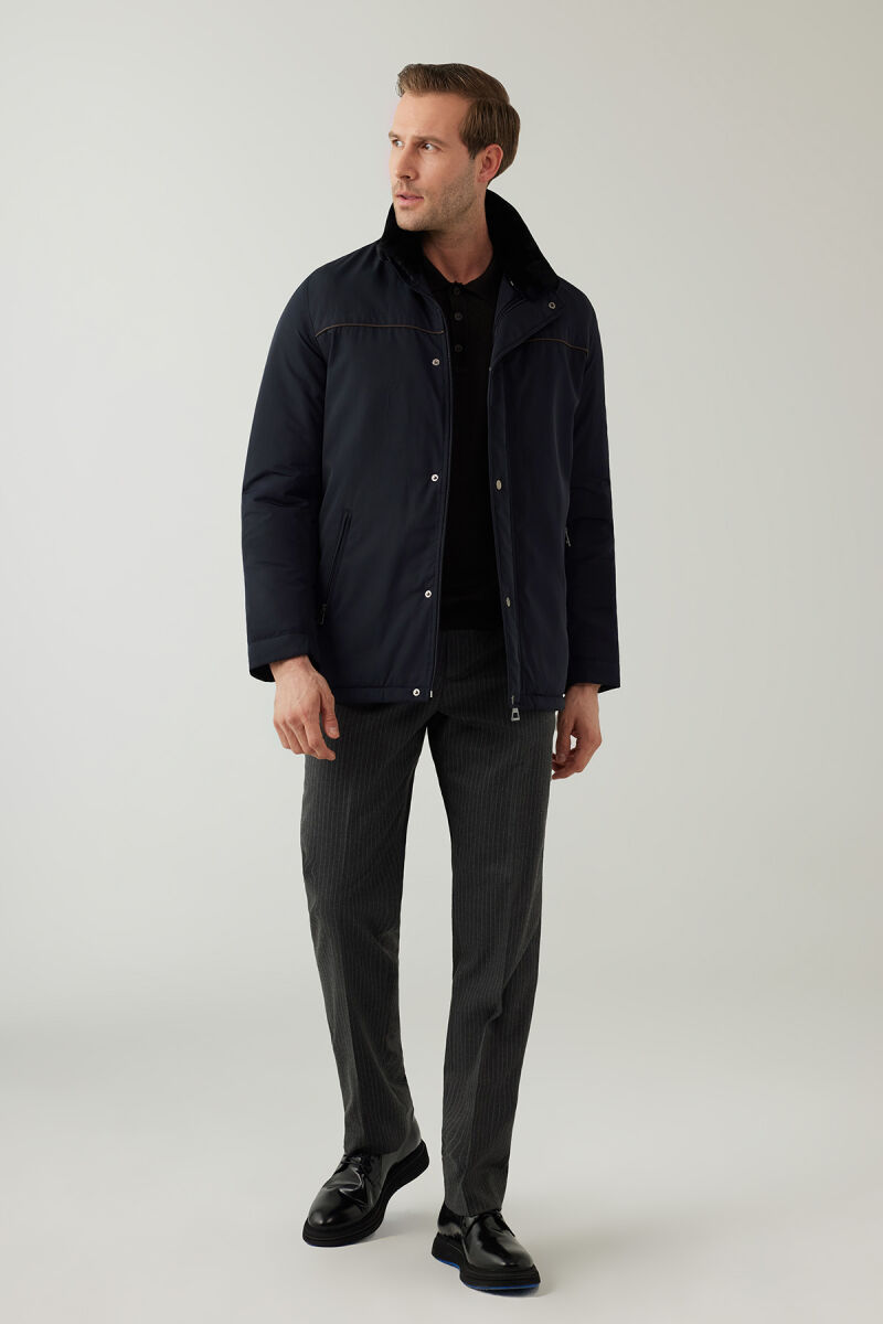 Erkek Lacivert Regular Fit Yakası Kürklü Kaban - 2