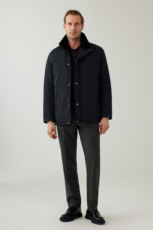 Erkek Lacivert Regular Fit Yakası Kürklü Kaban