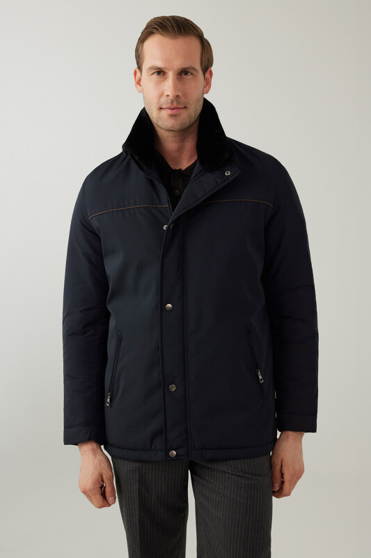 Erkek Lacivert Regular Fit Yakası Kürklü Kaban