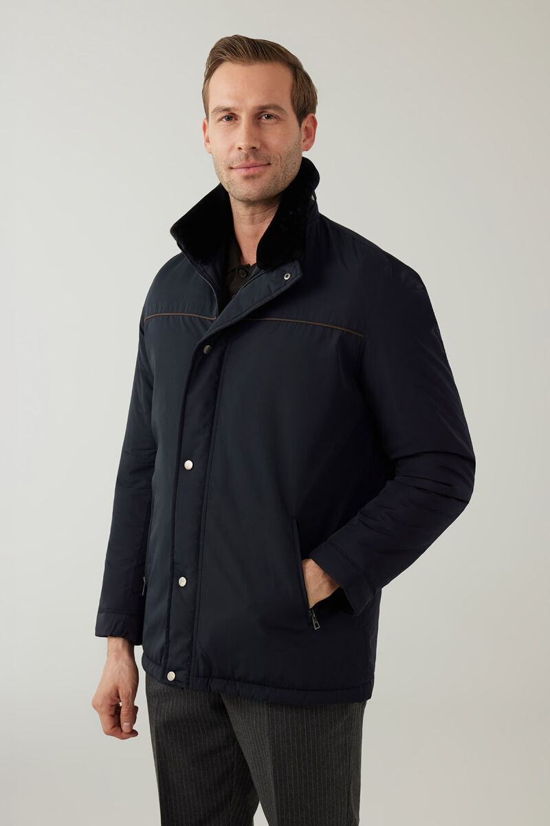 Erkek Lacivert Regular Fit Yakası Kürklü Kaban - 5