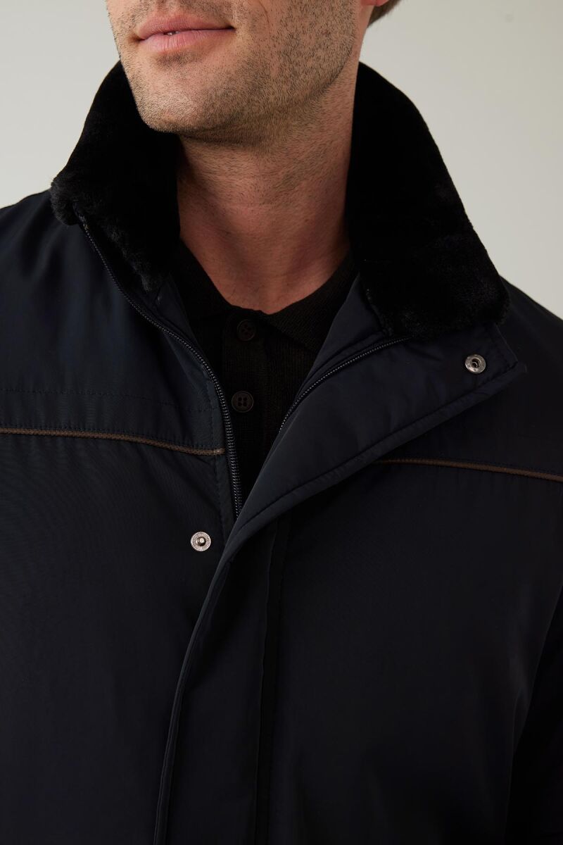 Erkek Lacivert Regular Fit Yakası Kürklü Kaban - 6