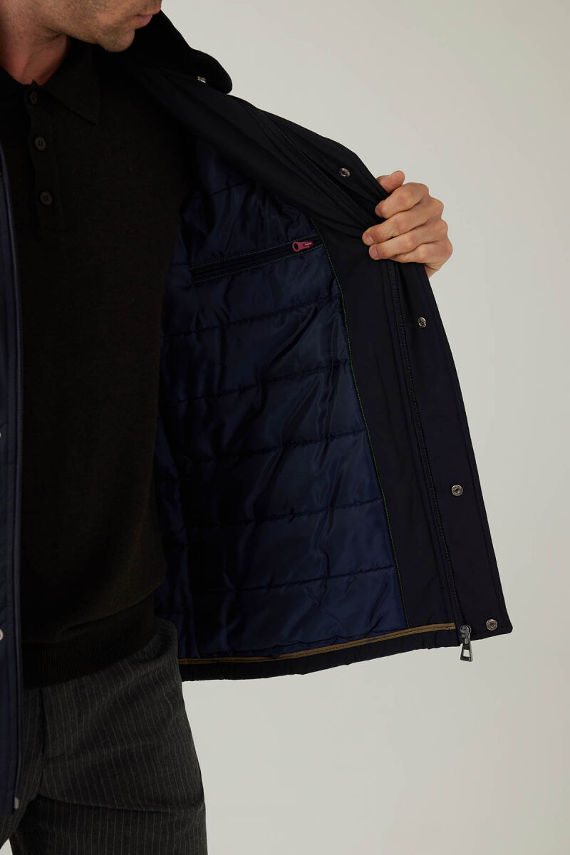 Erkek Lacivert Regular Fit Yakası Kürklü Kaban - 7