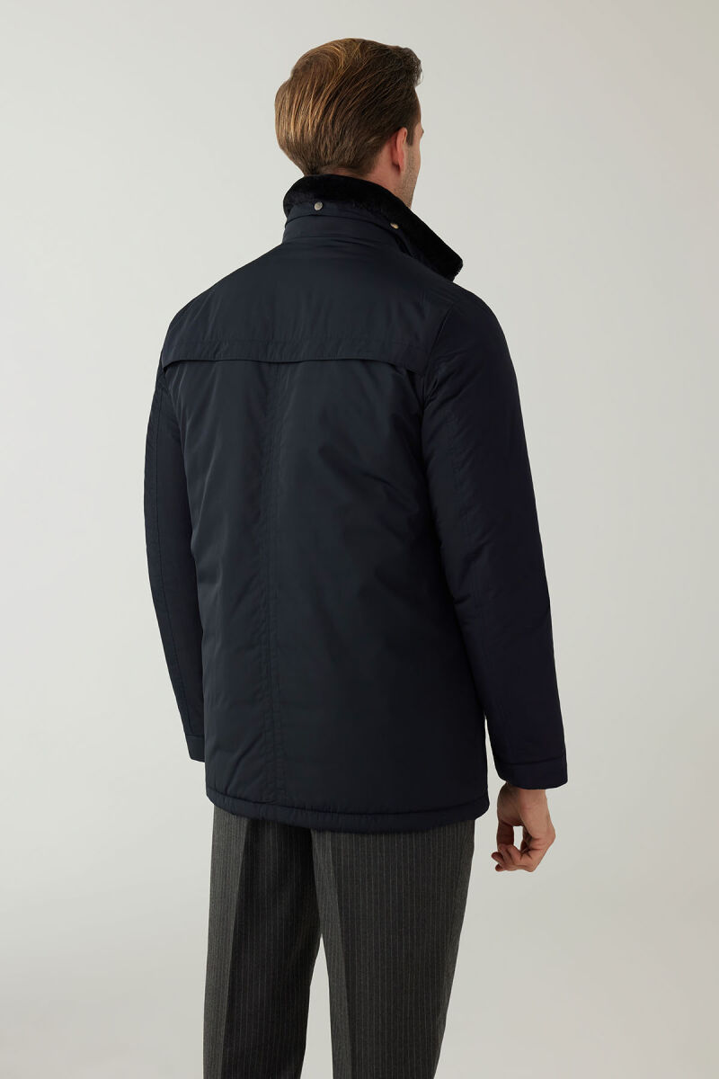 Erkek Lacivert Regular Fit Yakası Kürklü Kaban - 8