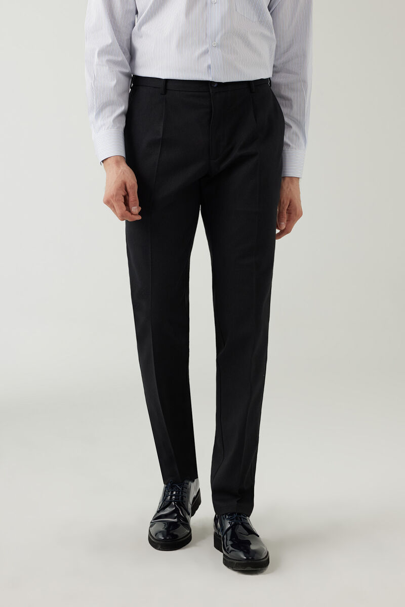 Erkek Lacivert Regular Fit Yan Cep Hafif Çizgili Pileli Kanvas Pantolon - 1