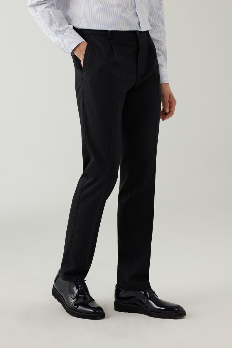 Erkek Lacivert Regular Fit Yan Cep Hafif Çizgili Pileli Kanvas Pantolon - 2