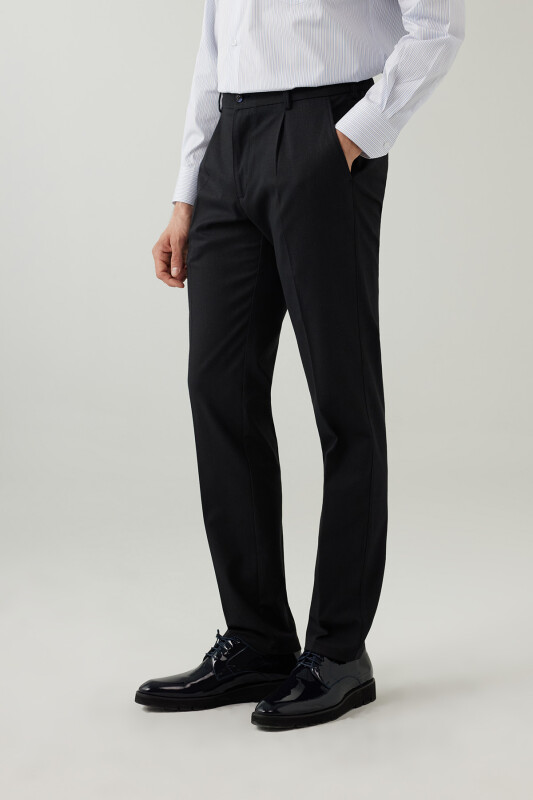 Erkek Lacivert Regular Fit Yan Cep Hafif Çizgili Pileli Kanvas Pantolon