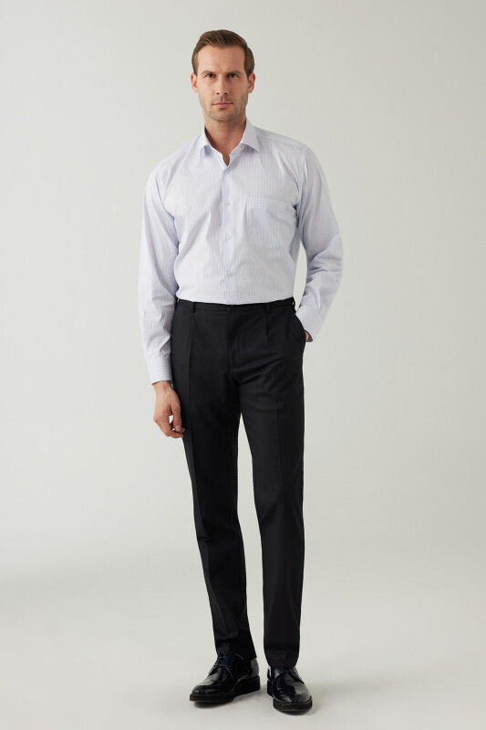 Erkek Lacivert Regular Fit Yan Cep Hafif Çizgili Pileli Kanvas Pantolon