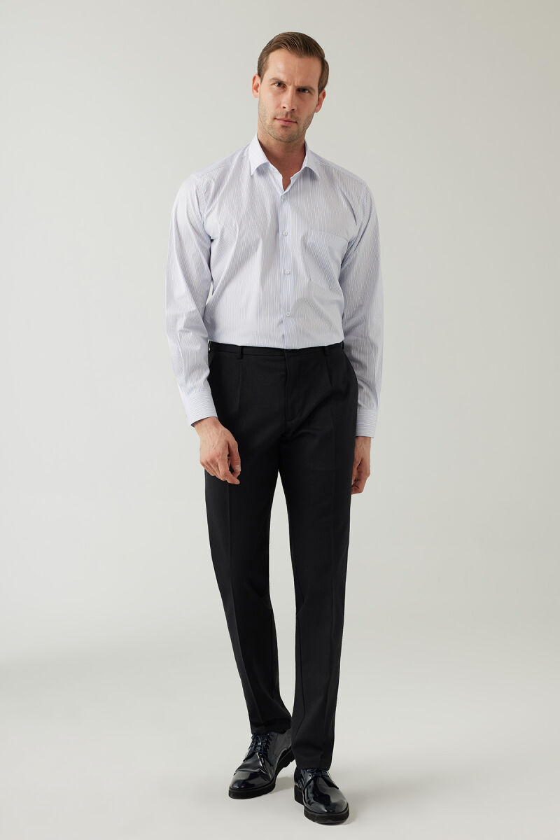 Erkek Lacivert Regular Fit Yan Cep Hafif Çizgili Pileli Kanvas Pantolon - 5