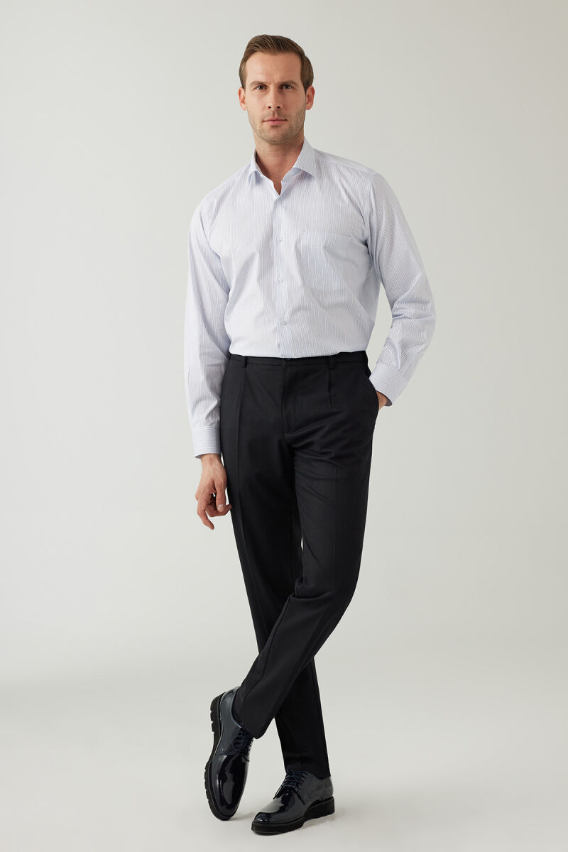 Erkek Lacivert Regular Fit Yan Cep Hafif Çizgili Pileli Kanvas Pantolon - 6