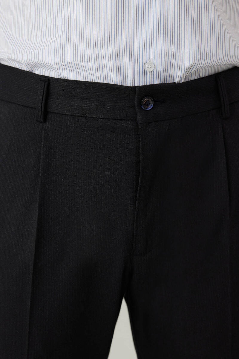 Erkek Lacivert Regular Fit Yan Cep Hafif Çizgili Pileli Kanvas Pantolon - 7