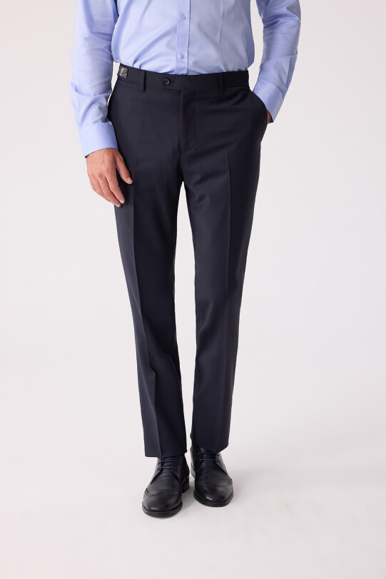 Erkek Lacivert Regular Fit Yün Karışımlı Kumaş Pantolon
