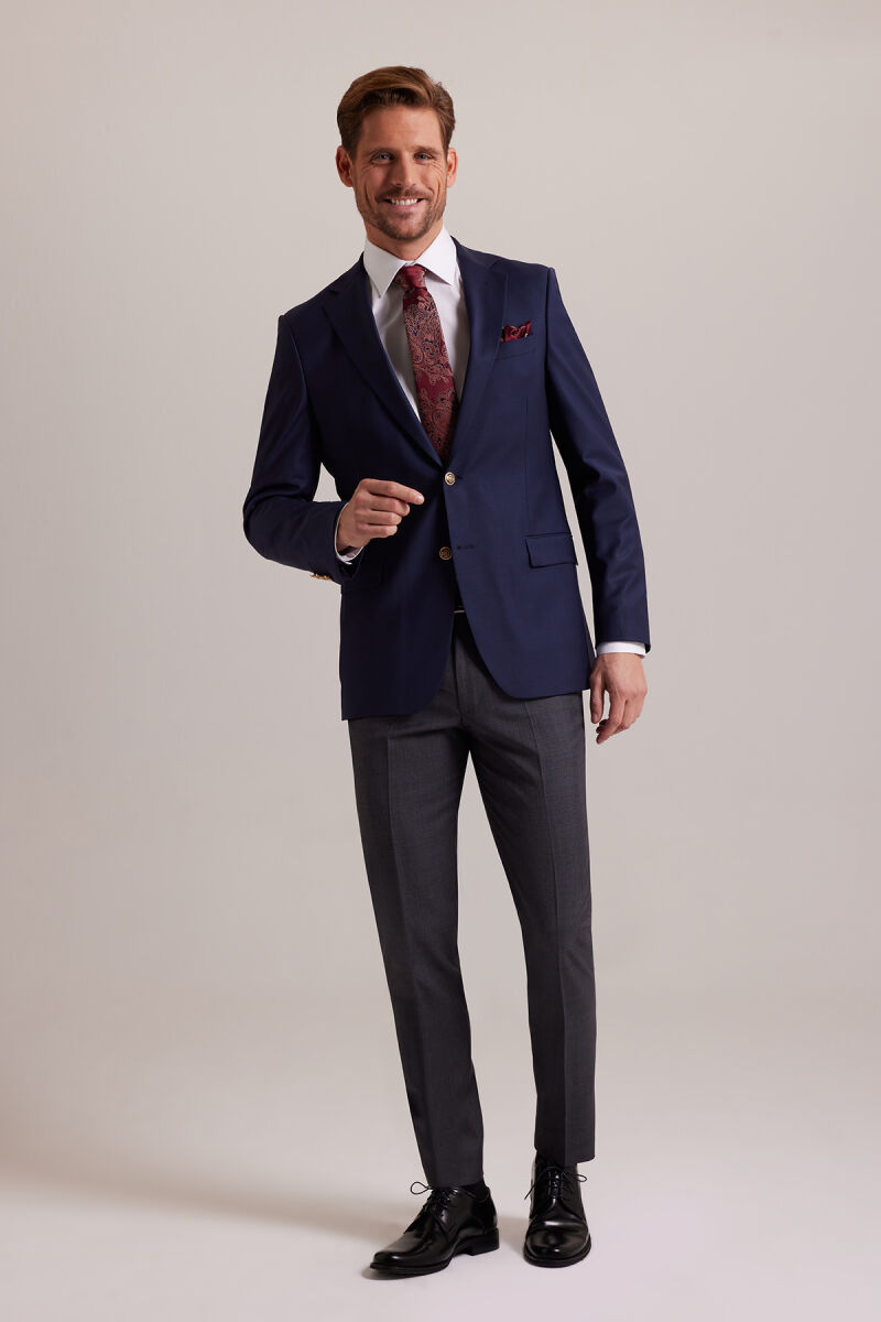 Erkek Lacivert Regular Fit Yünlü Blazer Ceket - 3