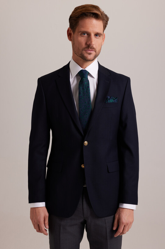 Erkek Lacivert Regular Fit Yünlü Blazer Ceket