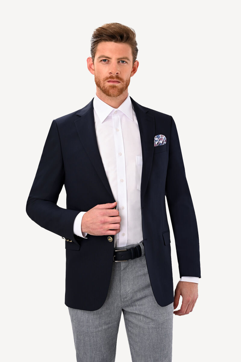 Erkek Lacivert Regular Fit Yünlü Blazer Ceket - 1