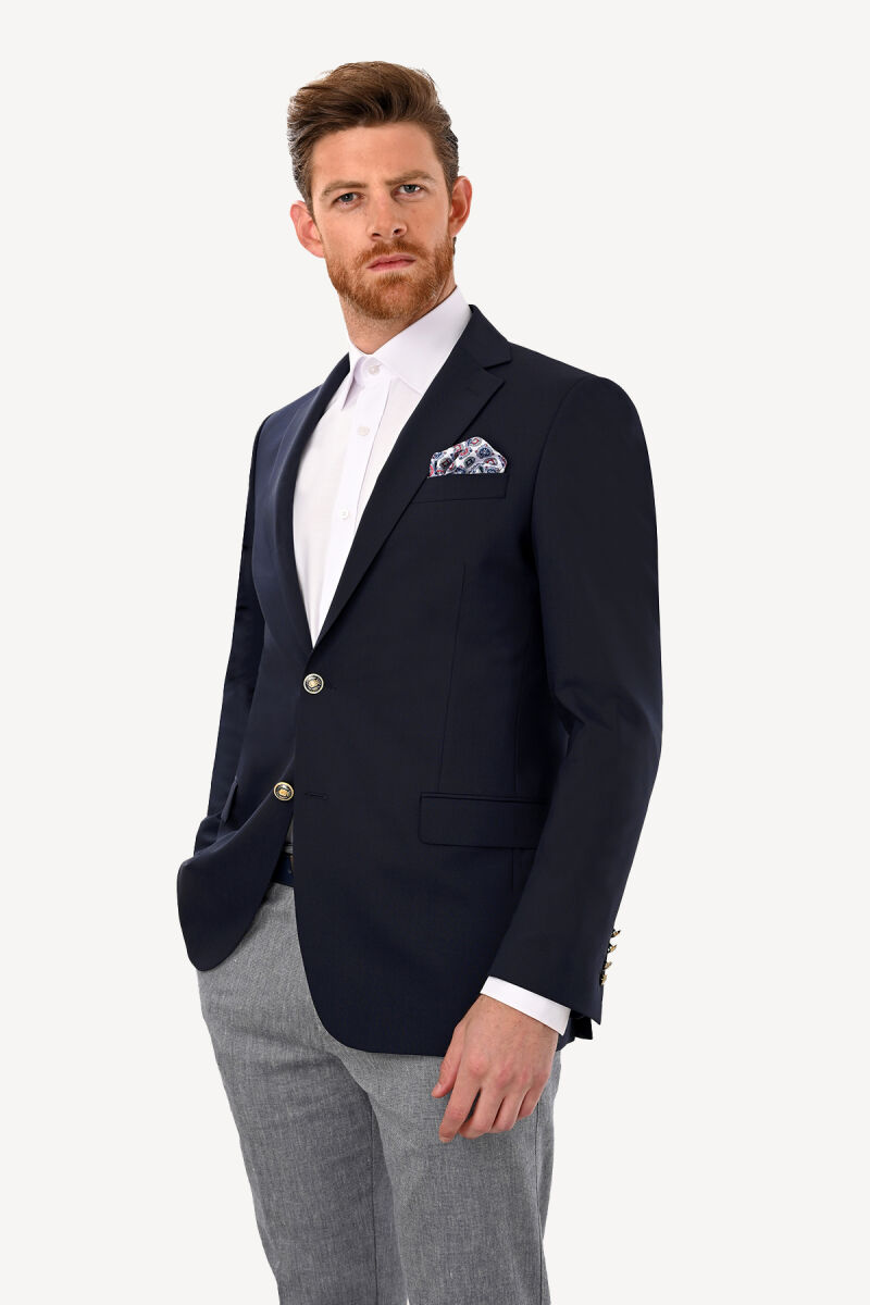 Erkek Lacivert Regular Fit Yünlü Blazer Ceket - 3