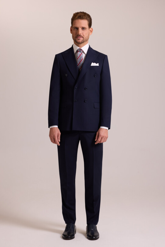 Erkek Lacivert Regular Fit Yünlü Likralı Kruvaze Yaka Takım Elbise