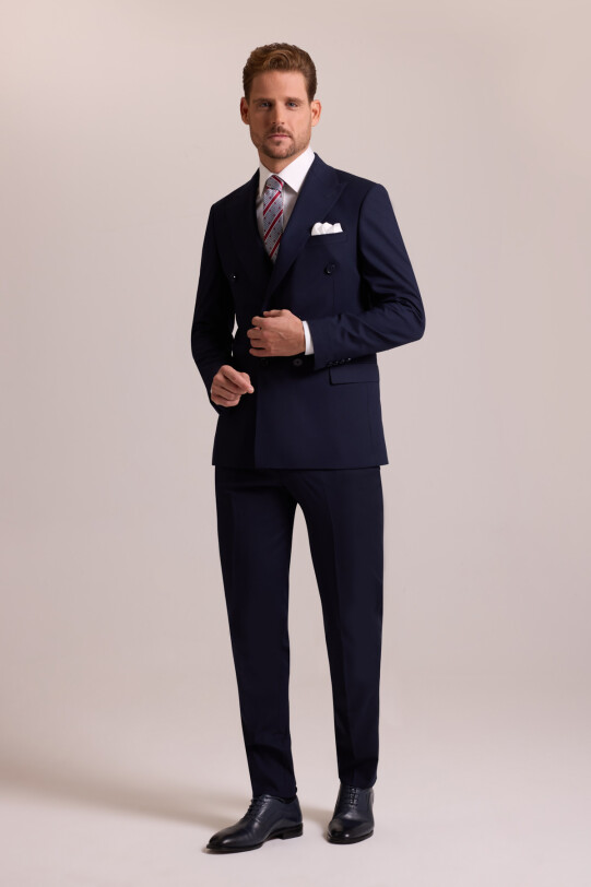 Erkek Lacivert Regular Fit Yünlü Likralı Kruvaze Yaka Takım Elbise