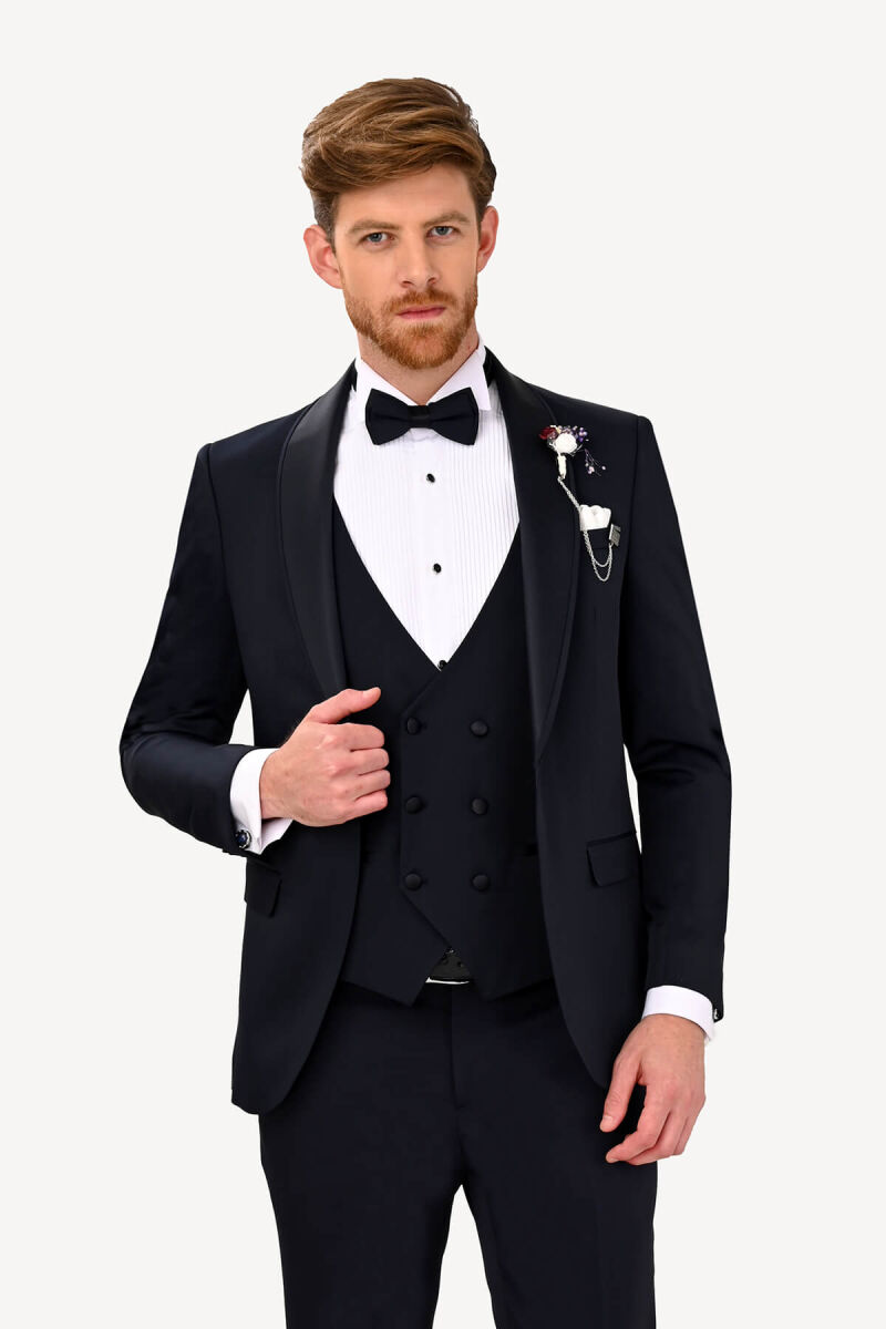 Erkek Lacivert Şal Yaka Yelekli Slim Fit Damatlık - 2