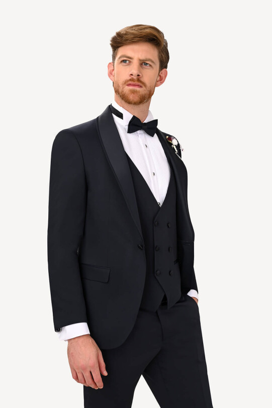 Erkek Lacivert Şal Yaka Yelekli Slim Fit Damatlık