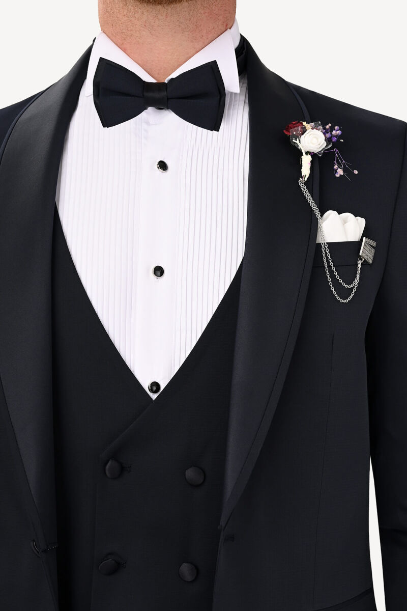 Erkek Lacivert Şal Yaka Yelekli Slim Fit Damatlık - 4