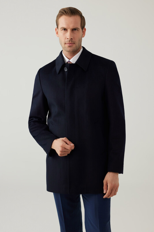 Erkek Lacivert Regular Fit Kaşmir Kısa Kaban