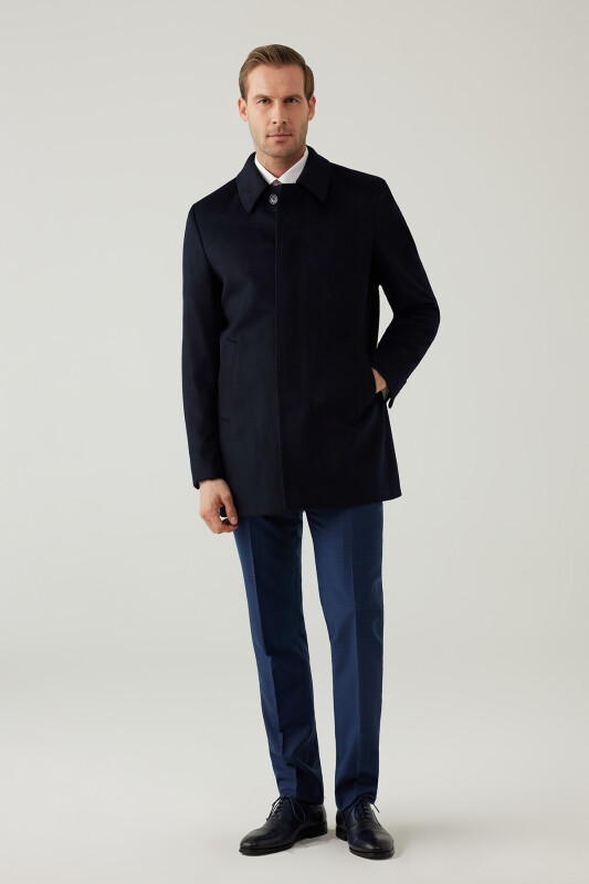 Erkek Lacivert Regular Fit Kaşmir Kısa Kaban